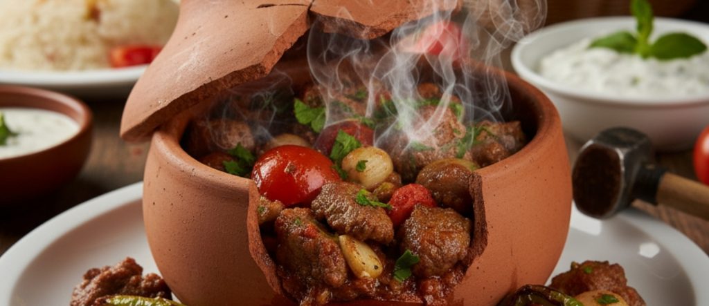 Traditional Turkish Testi Kebabı (Pottery Kebab) smoking from a broken clay pot, served with vegetables and pilaf.